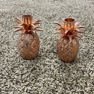 Set of two pineapple copper candlestick holders